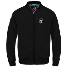 Load image into Gallery viewer, black motocross inspired bomber jacket with skull on top right corner 
