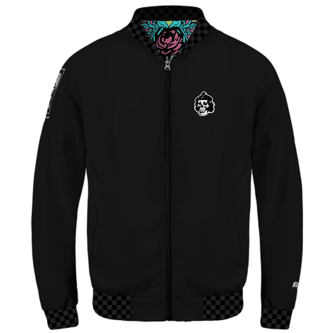 black motocross inspired bomber jacket with skull on top right corner 